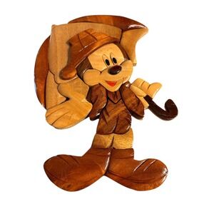 Mickey Mouse Wood Wall Hanging Plaque Picture‎ Holding Umbrella Rain Disney VTG